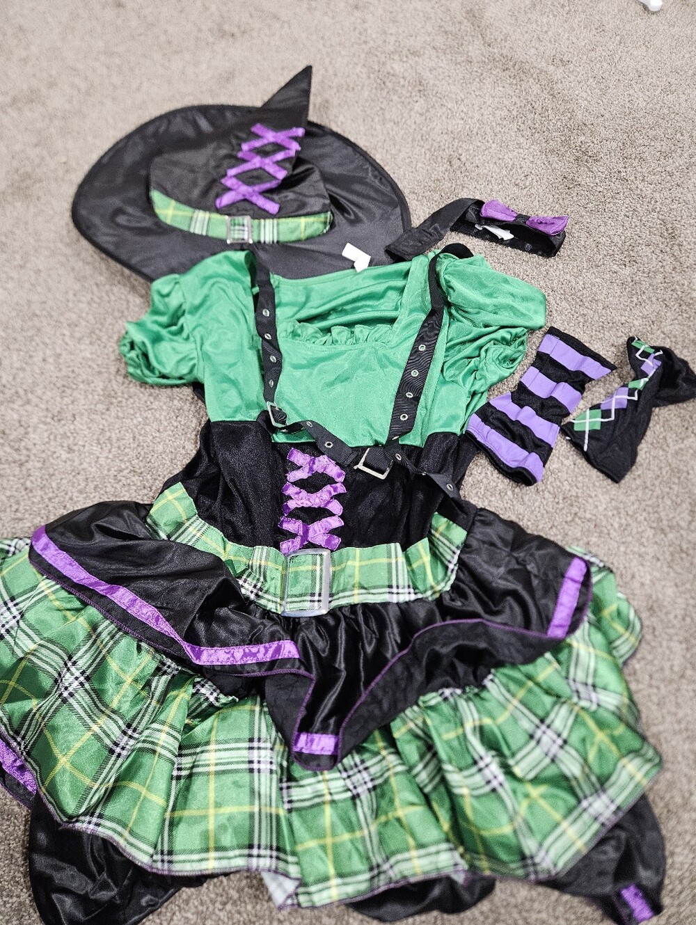 Girls Green Witch Costume with Black & Purple Accents